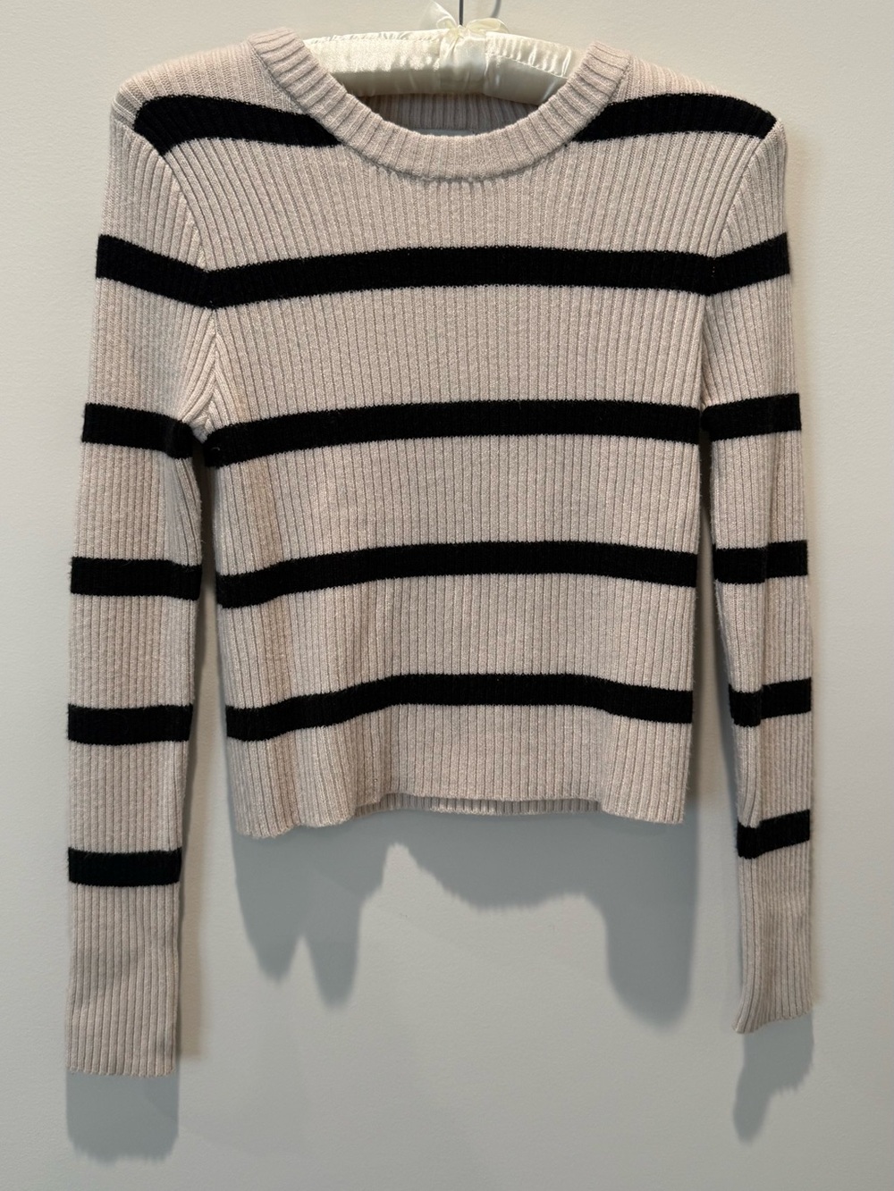 Pink Rose Cream and Black Striped Ribbed Crewneck Sweater